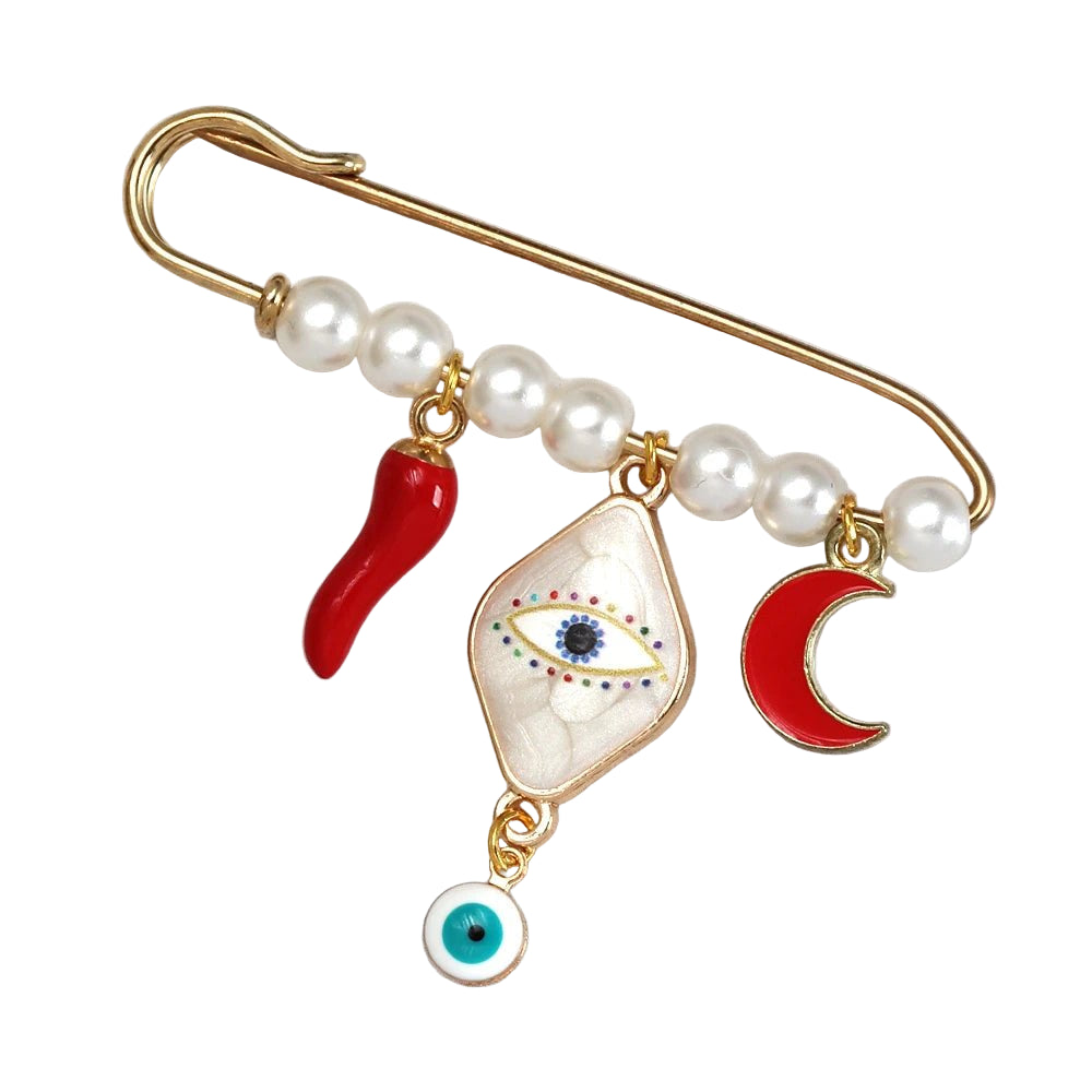 A Kiss Me Later gold safety pin brooch with five faux pearls, red chili pepper, evil eye, blue eye bead, and red crescent moon charms—an ideal baby shower gift. Shown on a white background.