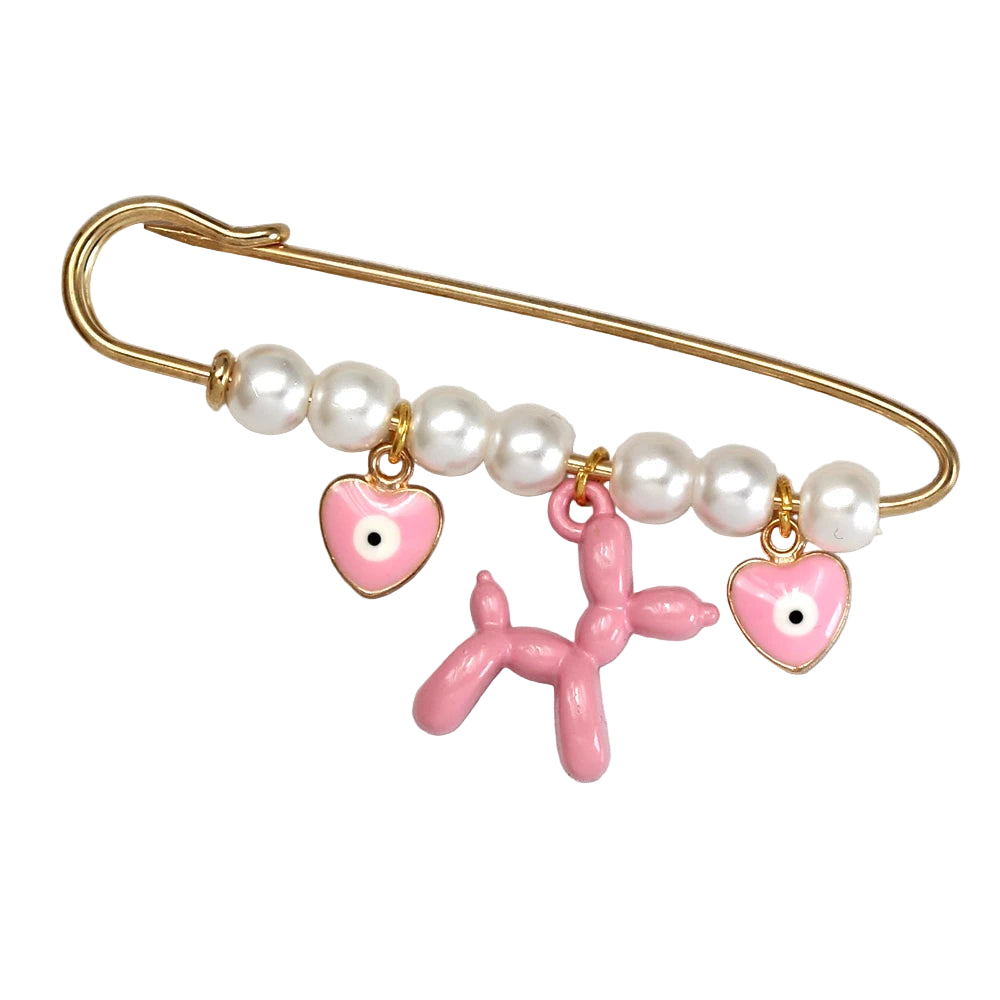 Kiss Me Later gold safety pin brooch featuring five white pearls, two pink heart evil eye charms, and a pink balloon dog charm at the center—a cute beads and charms accessory, ideal as a baby shower gift.