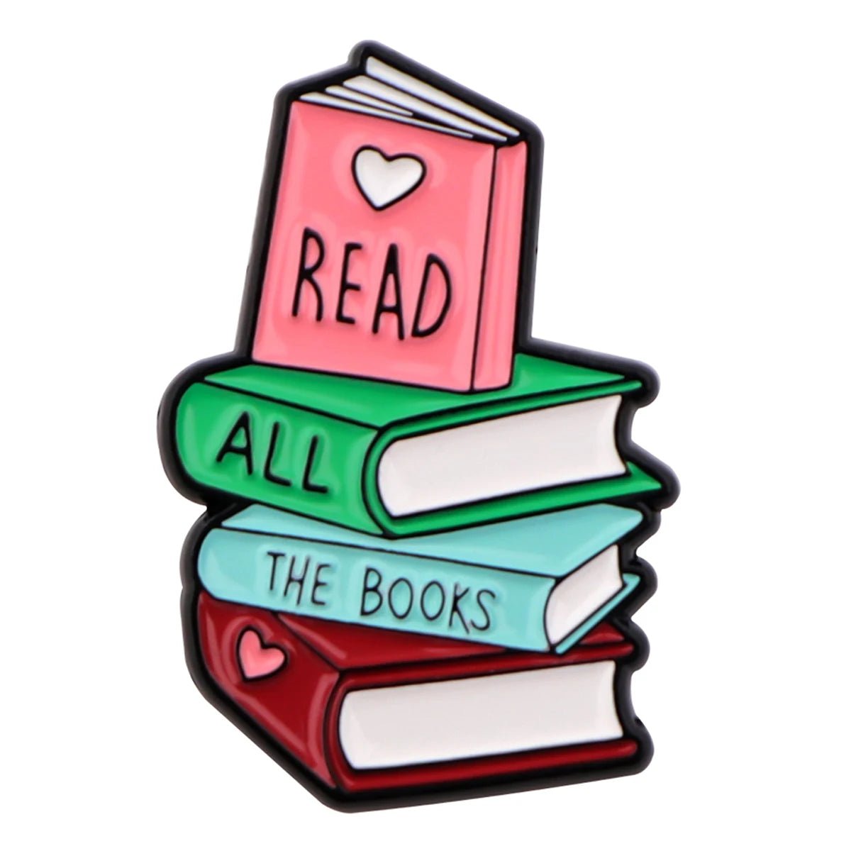 Stack of four colorful illustrated books. The top pink book says READ with a heart, followed by green ALL, blue THE BOOKS, and a red book with a heart—perfect for Booktroverts or public library fans.