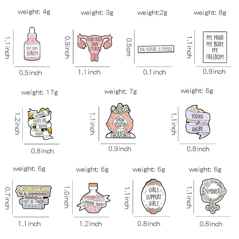 A grid of twelve illustrated Feminist Pins with empowering quotes, each labeled with size and weight. Designs feature serums, banners, flowers, a Patriarchy Tombstone enamel pin, and other bold statement pieces.