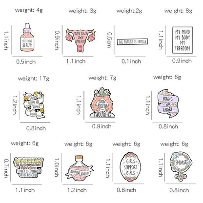 A grid of twelve illustrated Feminist Pins with empowering quotes, each labeled with size and weight. Designs feature serums, banners, flowers, a Patriarchy Tombstone enamel pin, and other bold statement pieces.