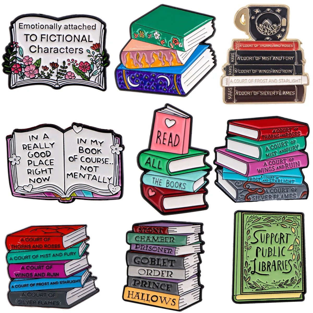 Enamel pins feature colorful stacks of books, quotes from fictional characters, and messages like “Booktrovert” and “Support Public Libraries.”.