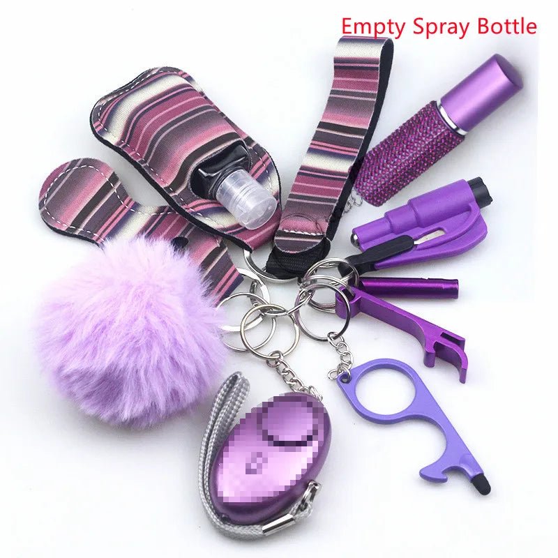 Kiss Me Later personal safety accessory set in purple and pink, featuring a pom-pom, no-touch tool, water bottle, mini flashlight, alarm, lipstick case, and spray bottle holder keychain arranged on a white background.