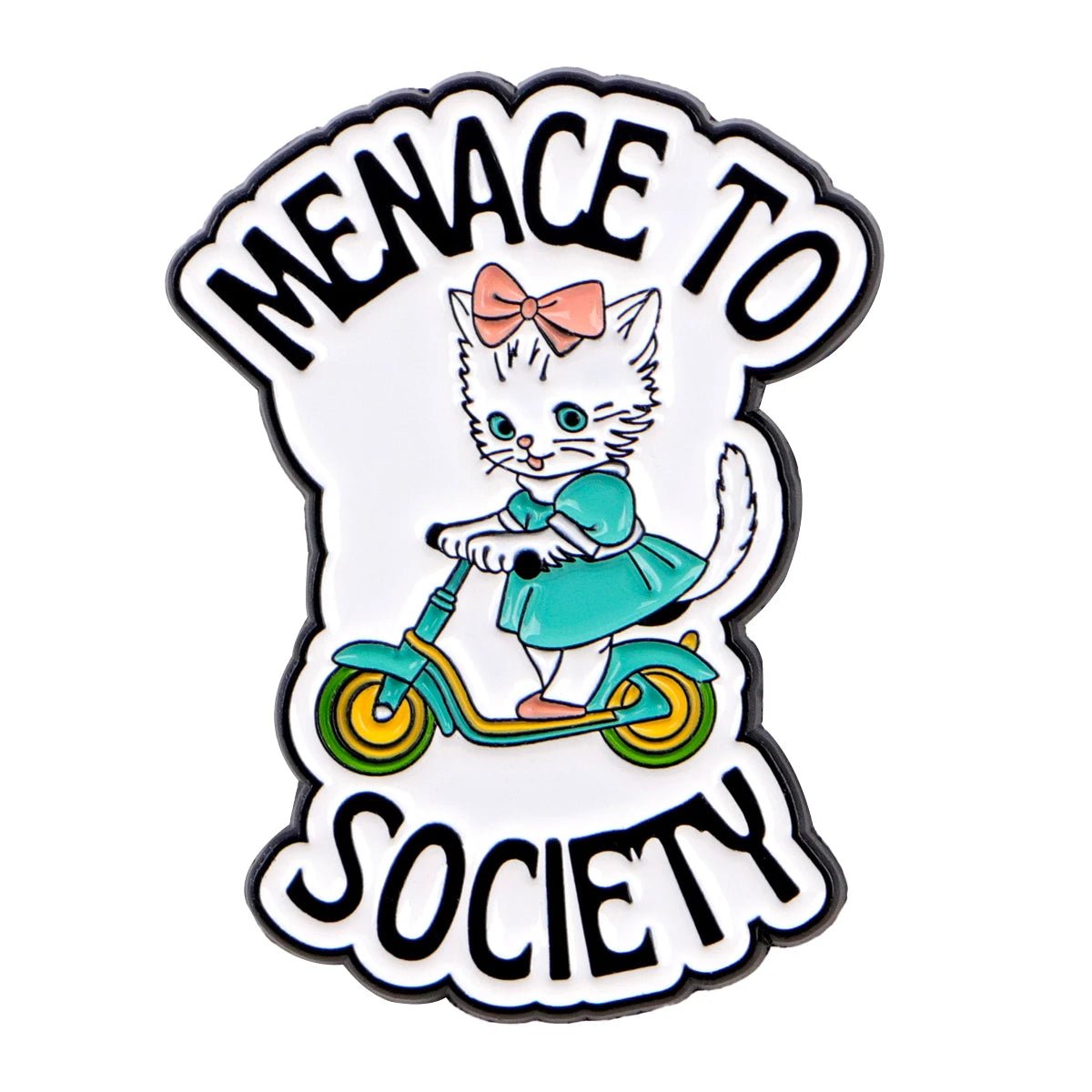 Illustration of a white kitten in a teal dress with a pink bow riding a green scooter, surrounded by bold MENACE TO SOCIETY text—fun inspiration for a cat enamel pin or Menace To Society pin 