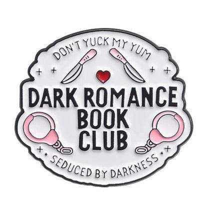 The My Cutesy Era enamel pin features DONT YUCK MY YUM, DARK ROMANCE BOOK CLUB, and SEDUCED BY DARKNESS with two knives, a red heart, and pink handcuffs—perfect for any dark romance book club fan.