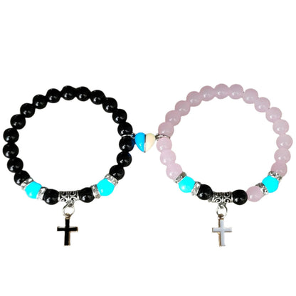 Two beaded christian couple bracelets with cross charms  that glow in the dark
