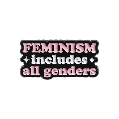 Feminism Enamel Pin features FEMINISM includes all genders in pink and white on black with two stars—a bold statement piece for any feminist pin collection.