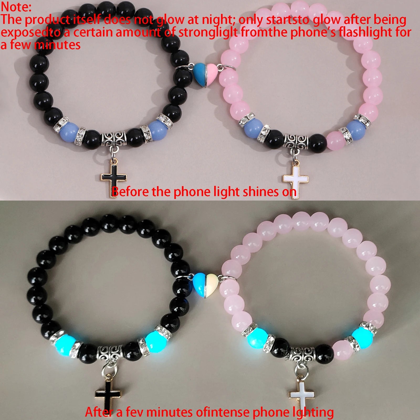 Two beaded bracelets with crosses that glow in the dark and have magnetic heart charms for christian couples