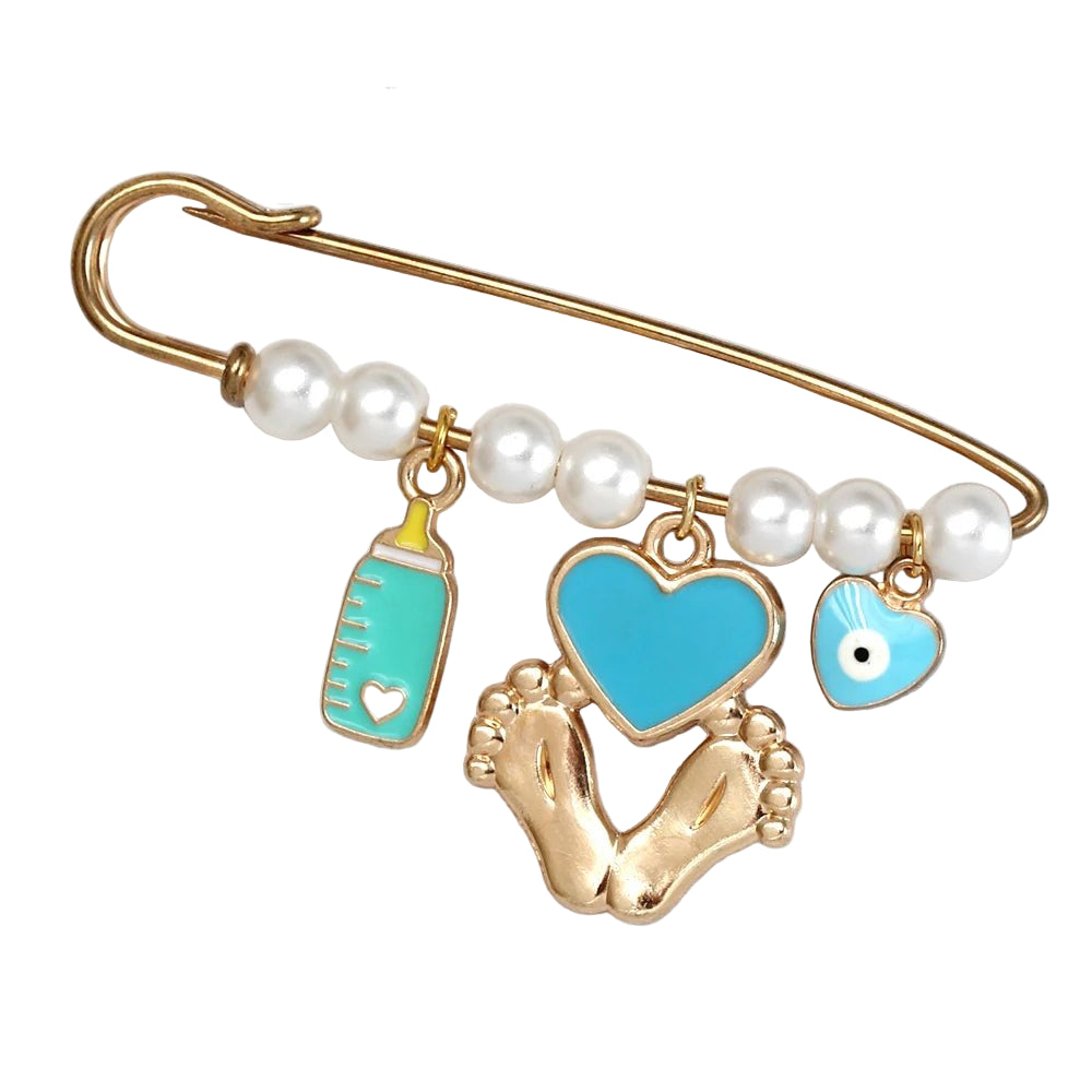 A gold safety pin with white beads and four dangling charms—a turquoise baby bottle, turquoise heart, gold baby feet, and evil eye—makes this Kiss Me Later brooch a perfect baby shower gift.