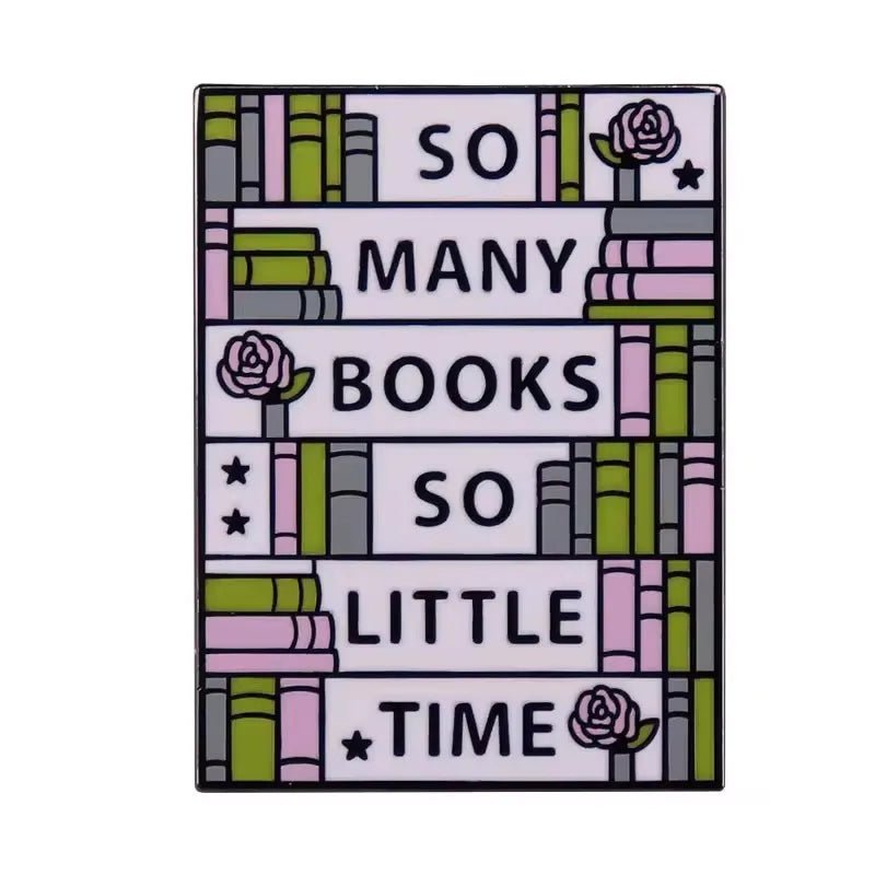 A vibrant My Cutesy Era design shows bookshelves with green and pink books, tiny roses, a library pin, and the phrase: So many books, so little time.
