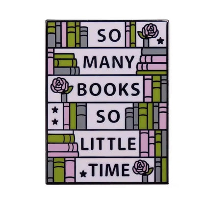 A vibrant My Cutesy Era design shows bookshelves with green and pink books, tiny roses, a library pin, and the phrase: So many books, so little time.