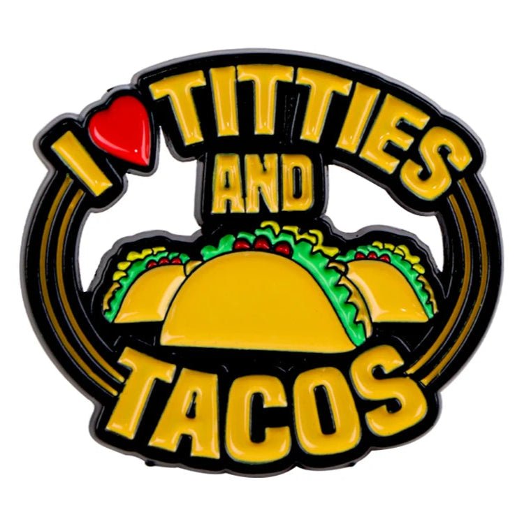 A colorful enamel pin bwith bold yellow I ♥ AND TACOS text and three illustrated tacos in the center.