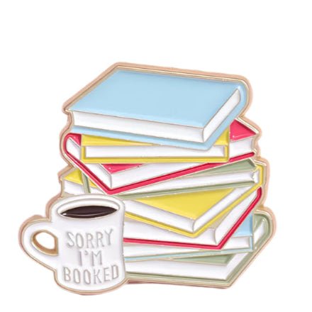 A colorful stack of books sits behind a white "SORRY IM BOOKED" mug in this playful My Cutesy Era design—perfect for anyone seeking cute book lover gifts or fun bookworm accessories.