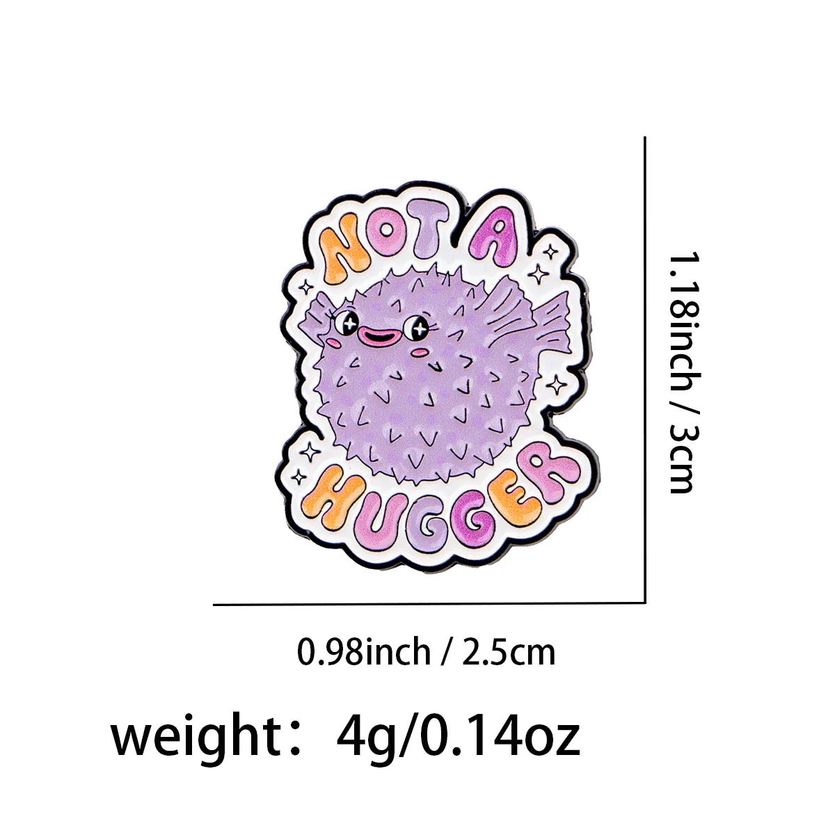 The Gay Skate Not A Hugger enamel pin features a cartoon purple pufferfish with a smiling face and spikes, surrounded by Not a Hugger. Measuring 1.18 x 0.98 and weighing 4g, it’s a fun pride accessory for any outfit.