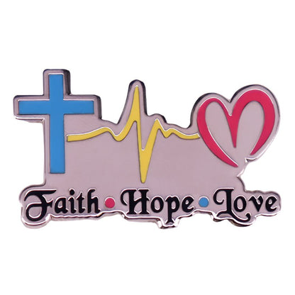 Silver, blue, yellow and pink badge with cross, heartbeat line, heart, and 'Faith Hope Love' text 