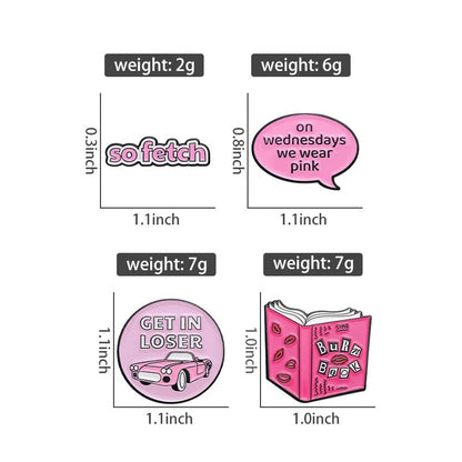 Four Mean Girls enamel pins are shown: “so fetch” text, “on Wednesdays we wear pink” circle, “GET IN LOSER” car, and a pink Burn Book. Each trendy pink pin measures about 1.1 inches wide.
