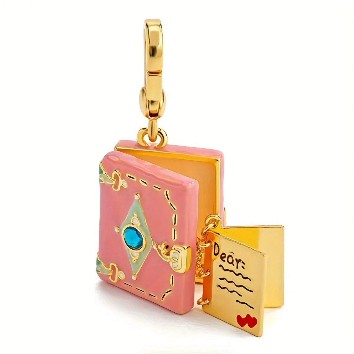 A close-up of the opening book pendant highlights its delicate details and unique design.