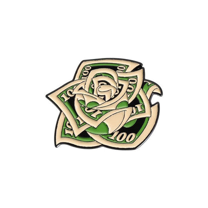 Enamel pin features a rose crafted from green and beige $100 bills, with petals resembling folded currency, inspired by the iconic Red Rose Cash motif.