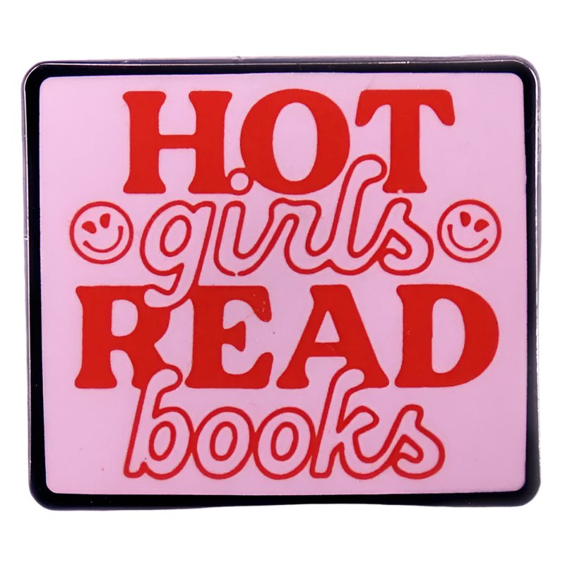 My Cutesy Era’s enamel pin features “HOT girls READ books” in bold red and script on pink and red, with smiley faces—perfect for any book lover’s collection.