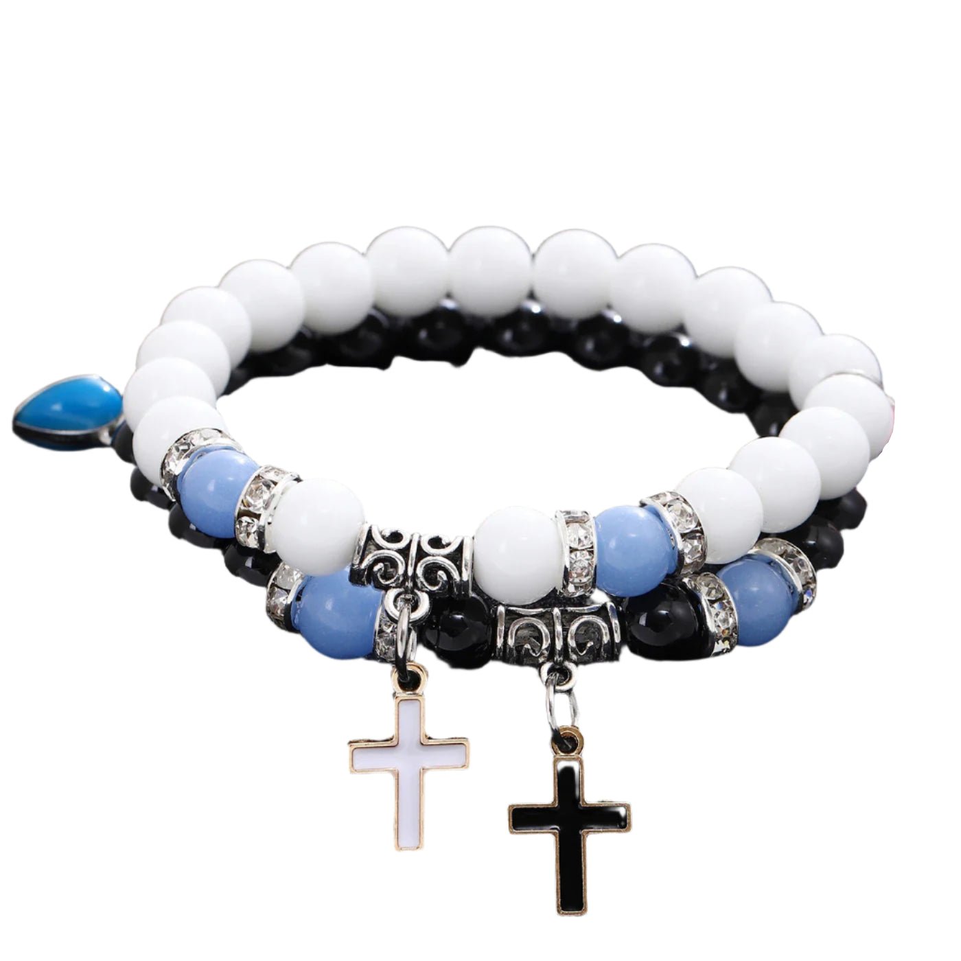 Kiss Me Later presents two beaded bracelets with white, black, and blue beads, silver accents, and rhinestones. Each features a dangling glow-in-the-dark cross pendant—one white, one black—ideal as a unique baptism gift.
