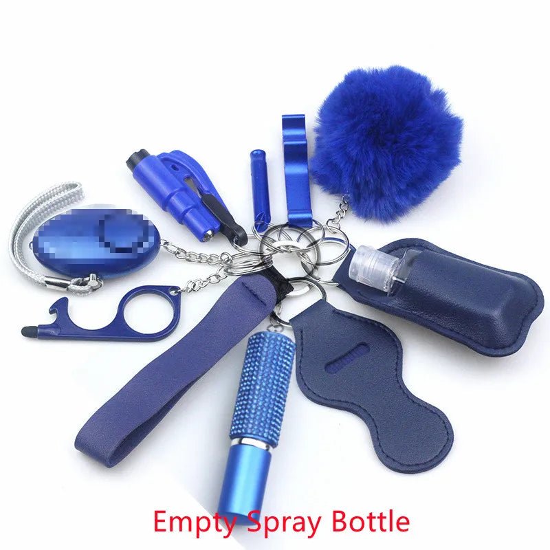 The Kiss Me Later blue keychain set includes a pom-pom, personal alarm, whistle, touch tool, wrist strap, kubotan, spray bottle holder, and pouch—ideal for outdoor adventures and added peace of mind.