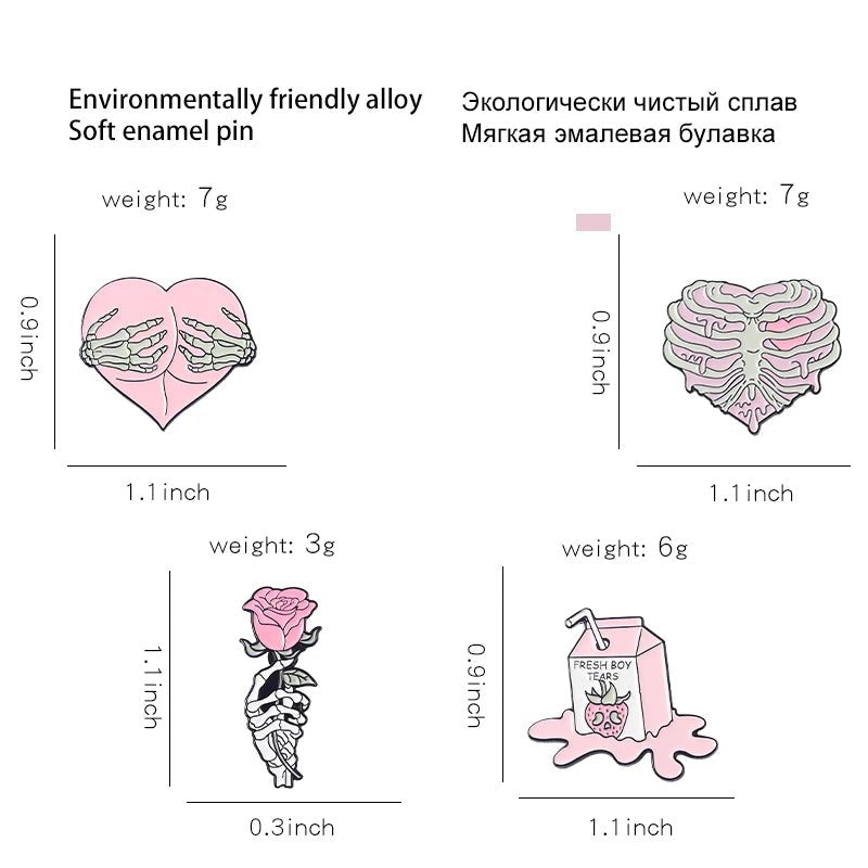 Enamel pins are shown: a skeleton with pink rose (3g), pink rib cage with flowers (7g), pink heart and bones (7g), and a Fresh Boy milk carton (6g). Text appears in English and Russian.