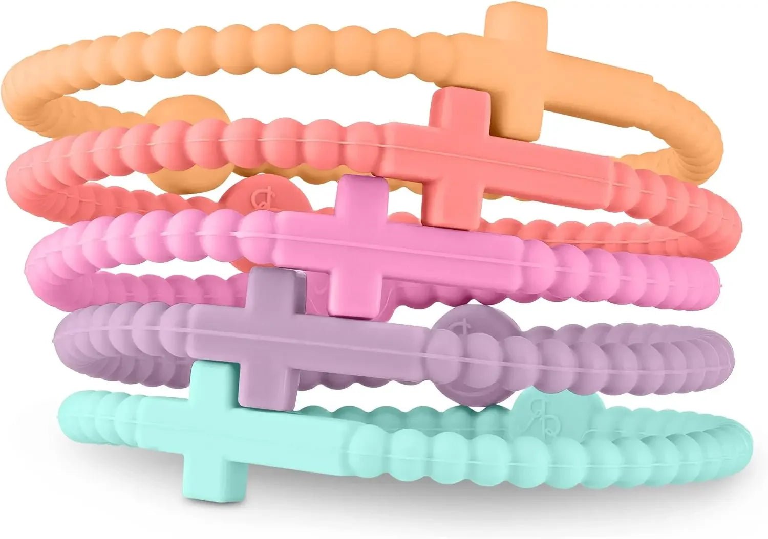 Stacked together, these five pastel silicone Cutie Bracelets by Kiss Me Later—orange, pink, purple, and light blue—each feature a cross centerpiece, perfect for expressing your love for Jesus.