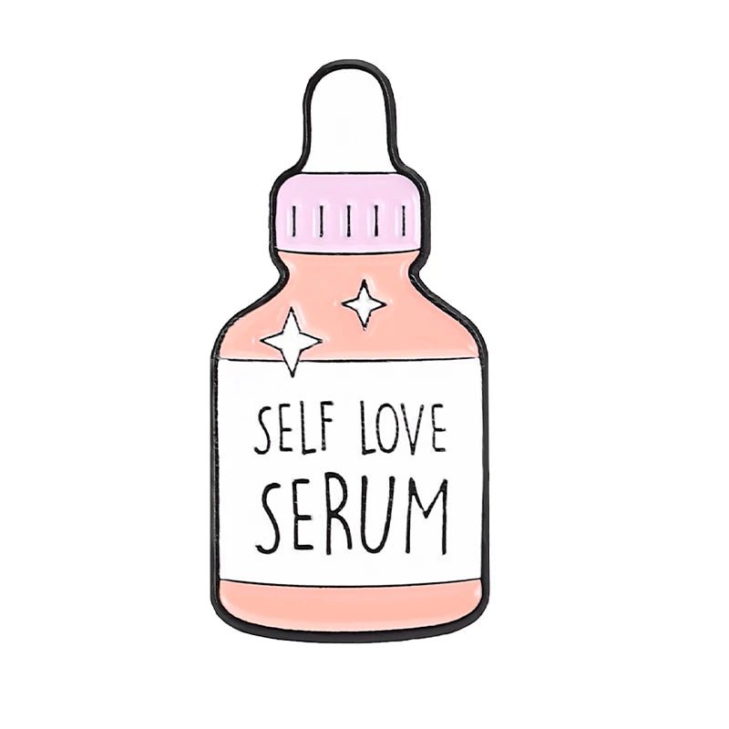Illustration of a pink Self Love Serum dropper bottle with sparkles, next to a Patriarchy Tombstone enamel pin—celebrating self-care, positivity, and feminist empowerment.