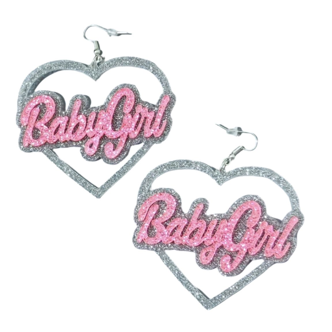 Heart-shaped earrings with 'Baby Girl' text 