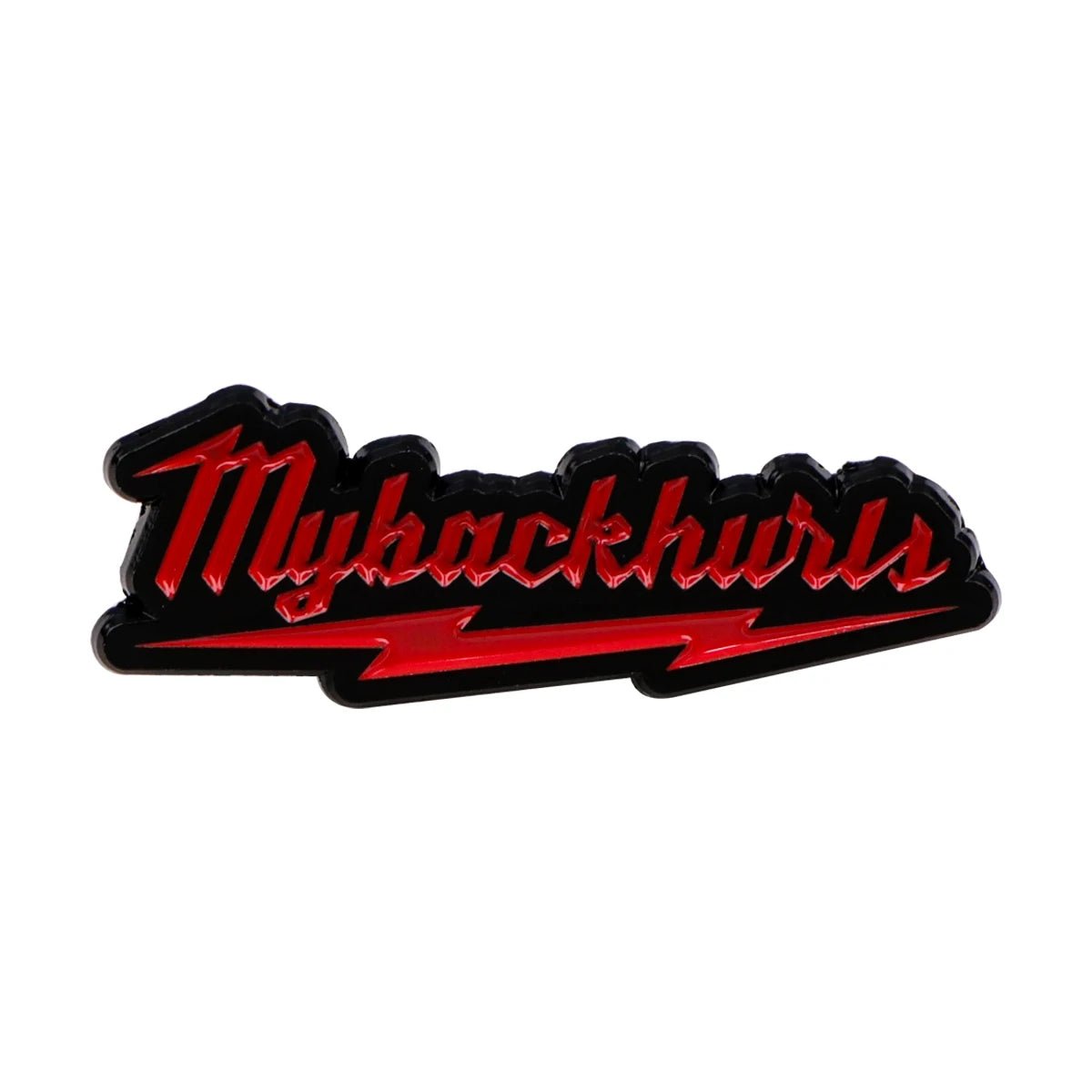 Add flair to your collection with this My Cutesy Era red and black enamel pin, featuring Mybackhurts in stylized cursive and a bold red lightning bolt on a striking black background.