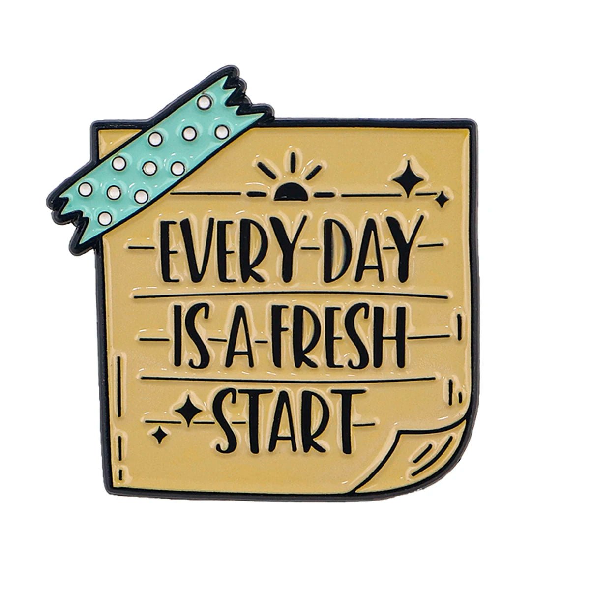 Sticky note illustration pin with blue tape in the corner features “Every day is a fresh start” in bold black letters, accented by star and sun doodles for a cheerful mental health boost.