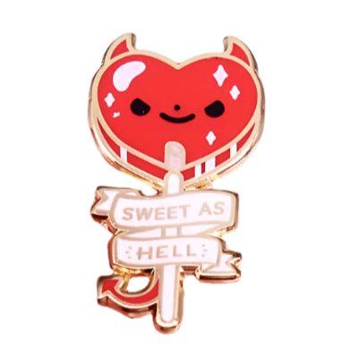 Kiss Me Later’s heart-shaped red devil lollipop enamel pin features horns, a tail, a smiling face, and a white ribbon with “SWEET AS HELL” in gold—playful and bold for your collection.