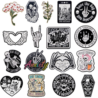 Kiss Me Later offers a quirky gothic sticker set featuring skeletons, flowers, skulls, thick thighs art, and positive sayings like Work Ethic Takes Talent, Spooky Vibes, and No Panic All Disco.