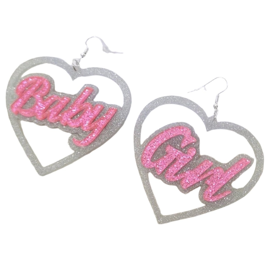 Heart-shaped earrings with 'Baby Girl' text in pink glitter 