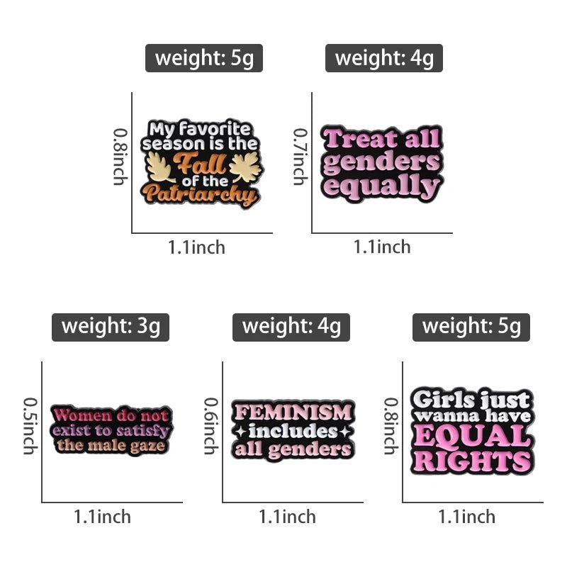 Five rectangular feminist enamel pins in vibrant colors, each with its size in inches and weight in grams, featuring bold messages of equality, empowerment, and challenging the patriarchy tombstone.