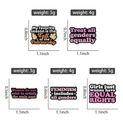 Five rectangular feminist enamel pins in vibrant colors, each with its size in inches and weight in grams, featuring bold messages of equality, empowerment, and challenging the patriarchy tombstone.