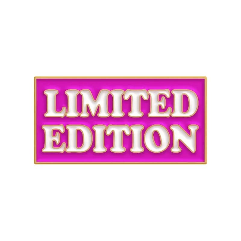 A rectangular badge with a pink background and gold border displays LIMITED EDITION in bold white letters with gold outlining, perfect for showcasing your favorite enamel pins or red love heart pin collection.