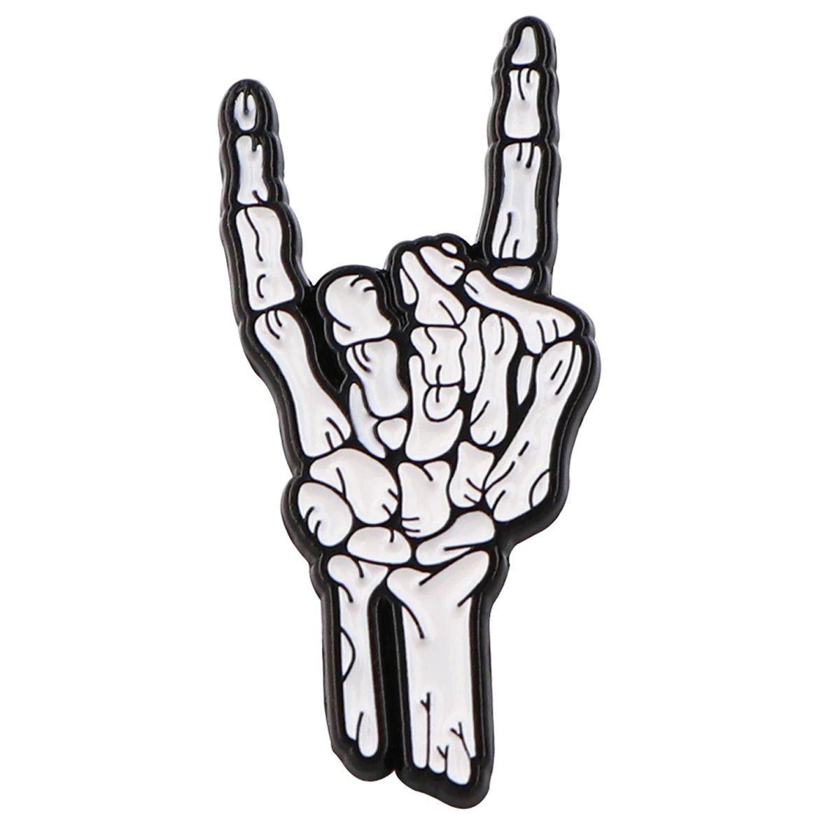 The Kiss Me Later enamel pin features a white skeleton hand making the rock on gesture, with raised index and little fingers for ultimate spooky vibes.