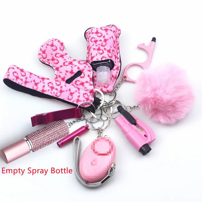 The Kiss Me Later pink self-defense keychain set includes a whistle, alarm, fluffy pom-pom, pepper spray holder, empty spray bottle, and no-touch tool—ideal for outdoor adventures and on-the-go safety.