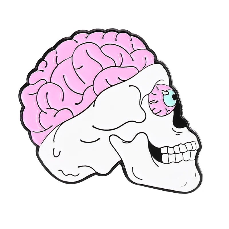 A stylized white skull enamel pin featuring a large pink brain, single blue eye, and profile view—perfect for adding unique flair.