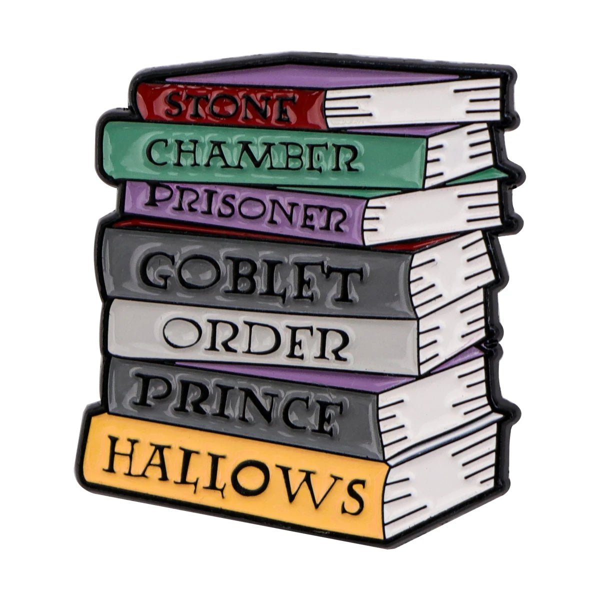 A stack of seven colorful books labeled: STONE, CHAMBER, PRISONER, GOBLET, ORDER, PRINCE, and HALLOWS perfect for book lovers who adore Harry Potter adventures and iconic characters.