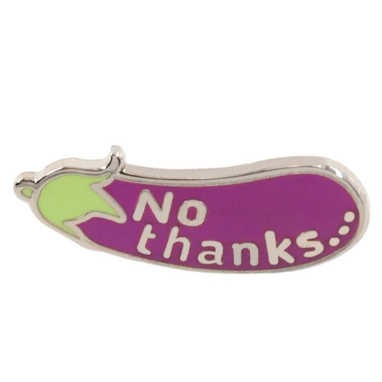 Add playful flair to any outfit with My Cutesy Era’s cute purple eggplant enamel pin, featuring a green stem and No thanks... in white letters across the body.