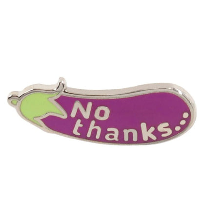 Add playful flair to any outfit with My Cutesy Era’s cute purple eggplant enamel pin, featuring a green stem and No thanks... in white letters across the body.