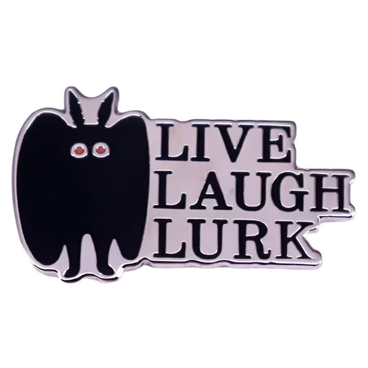 A My Cutesy Era gothic pin shows a black bat with red eyes beside the bold words LIVE LAUGH LURK in all caps.
