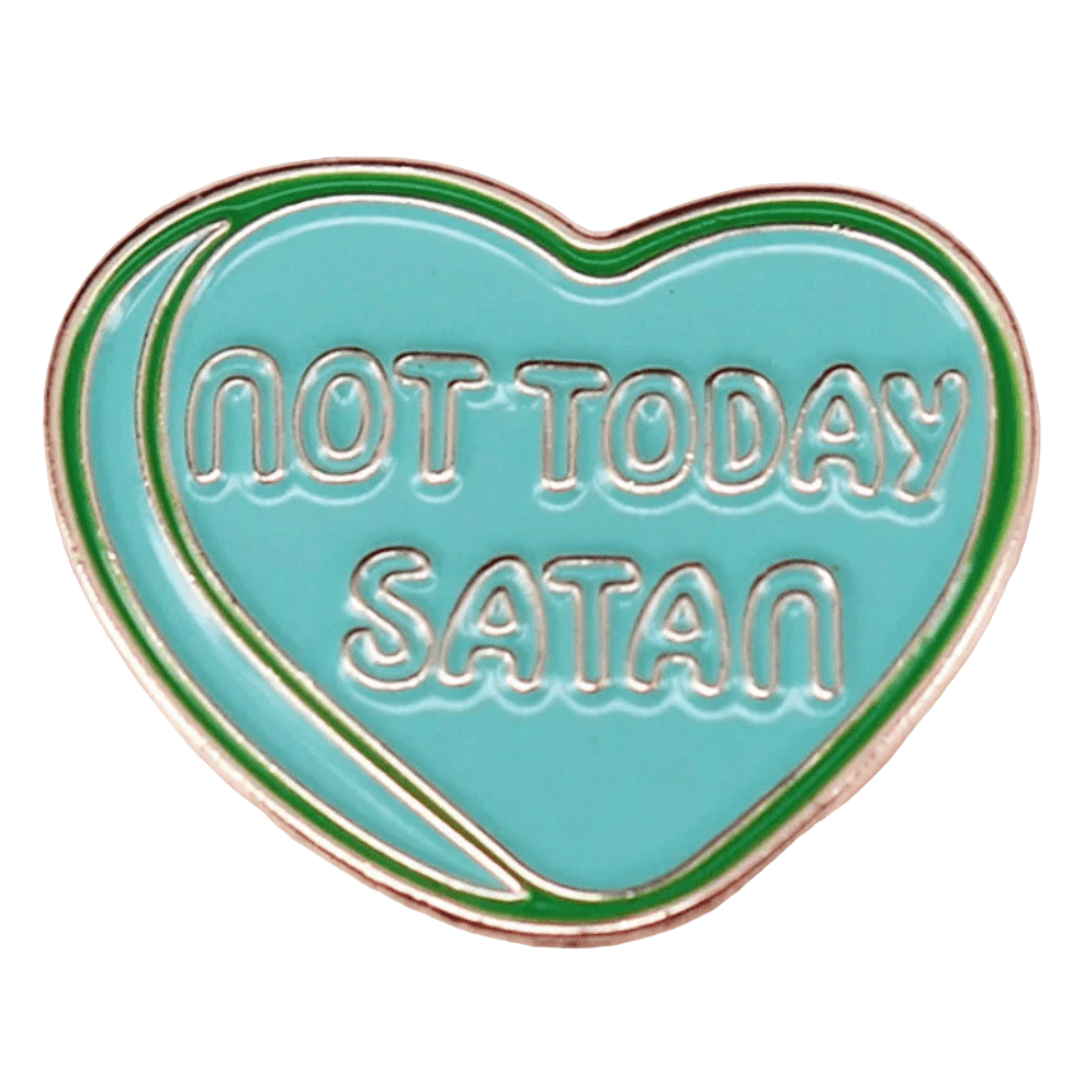 Green heart-shaped enamel pin with gold edges and bold raised NOT TODAY SATAN lettering—perfect for Rainbow Pride or LGBTIQ events.