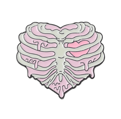 Illustration of a heart-shaped ribcage with pink drips, a small pink heart on the right, inspired by a milk carton—perfect for an enamel pin 
