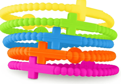 Five colorful, non-toxic silicone Kiss Me Later Cutie Bracelets, each featuring a cross shape, are stacked together. These vibrant Jesus Bracelets come in yellow, green, blue, orange, and pink.