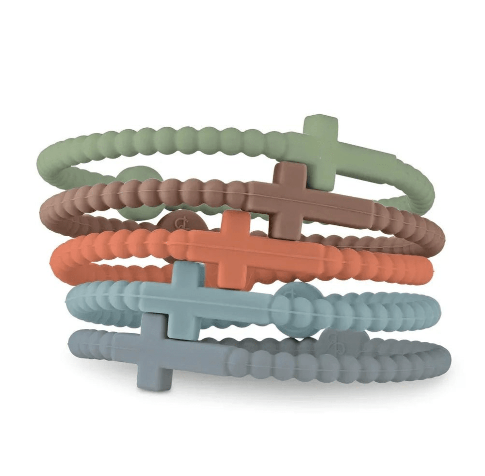 Four Kiss Me Later beaded Jesus Bracelets, made from non-toxic silicone in green, brown, orange, and blue with cross charms, are stacked together.