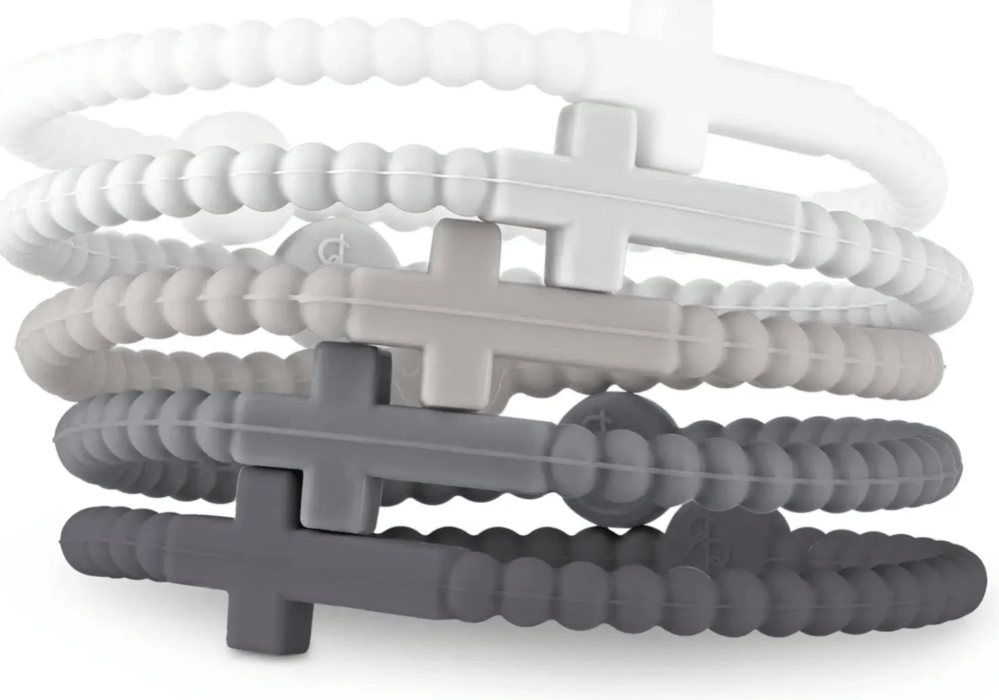 Five beaded Jesus Bracelets by Kiss Me Later, each with a cross in shades of white, gray, and black. Crafted from non-toxic silicone for safe, stylish stacking. Shown together on a white background.