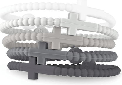 Five beaded Jesus Bracelets by Kiss Me Later, each with a cross in shades of white, gray, and black. Crafted from non-toxic silicone for safe, stylish stacking. Shown together on a white background.